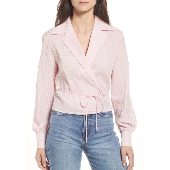 & Other Stories Seersucker Pink White Gingham Wrap Blouse - Picture 2 of 9